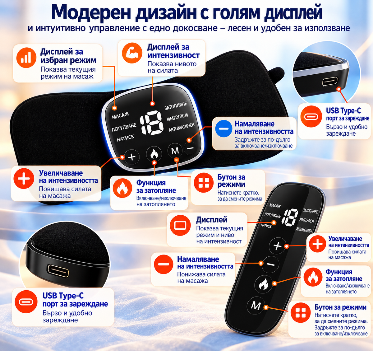 Електрически масажор с 6 режима, пулсова терапия и затопляне